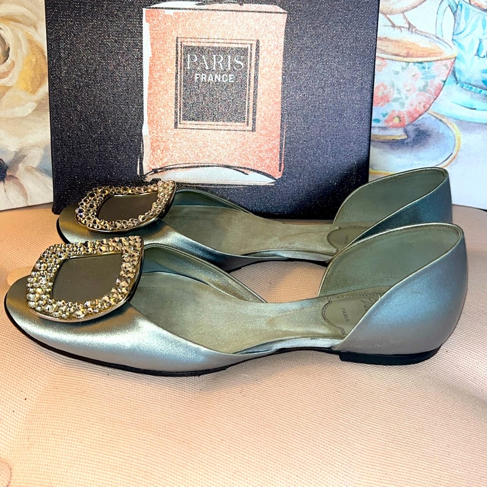 Roger Vivier baby blue satin flats w/brilliant crystal buckles gorgeous sz 34.5 - Picture 2 of 16
